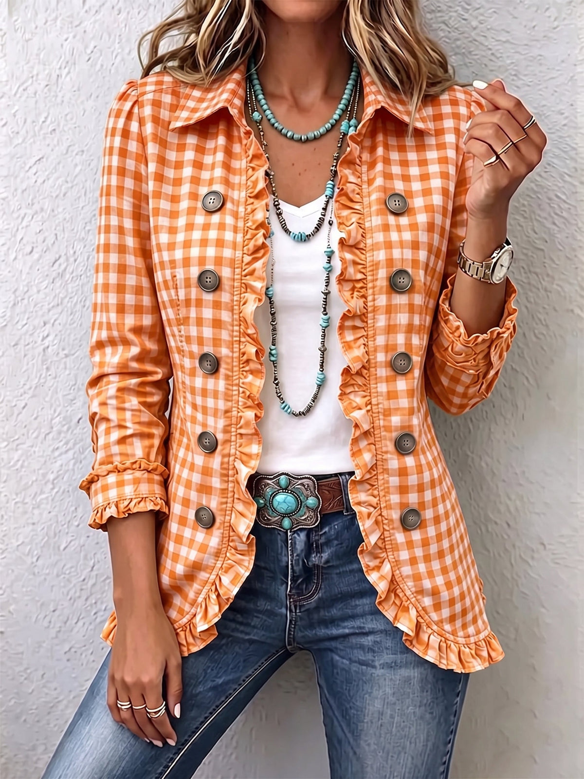 Purificación Purificacion Jacket Check Gingham With Ruffles – Sienna Noosa