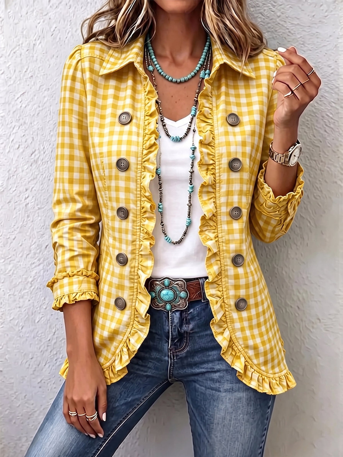 Purificación Purificacion Jacket Check Gingham With Ruffles – Sienna Noosa