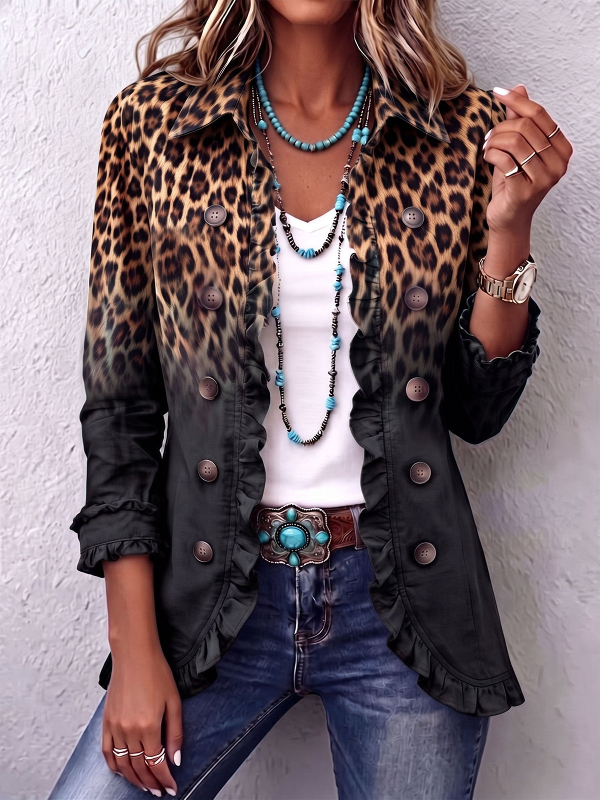 Sabina Jacket Blazer Leopard Black With Ruffles – Sienna Noosa