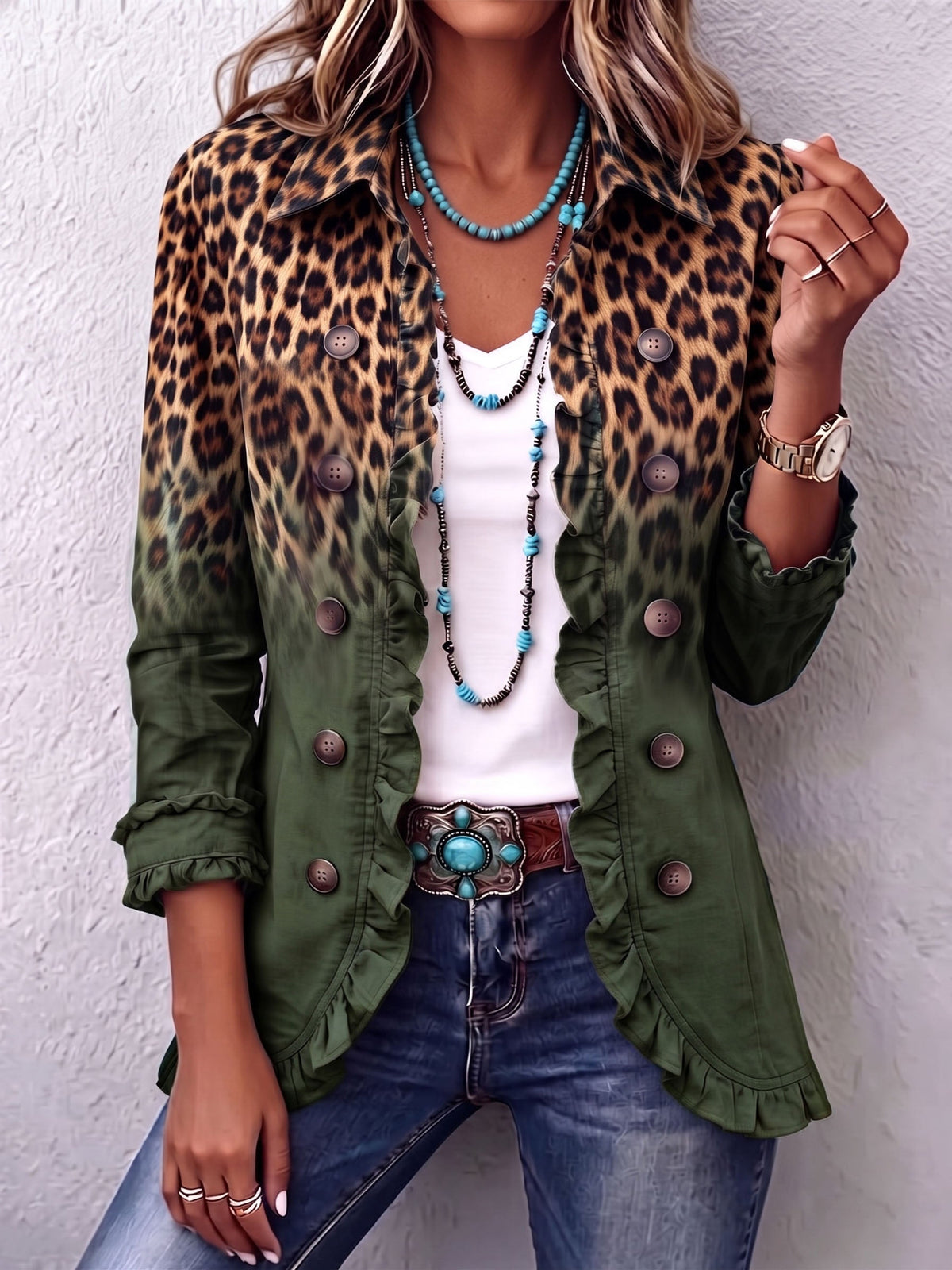 Ramona Jacket Blazer Leopard Green With Ruffles – Sienna Noosa