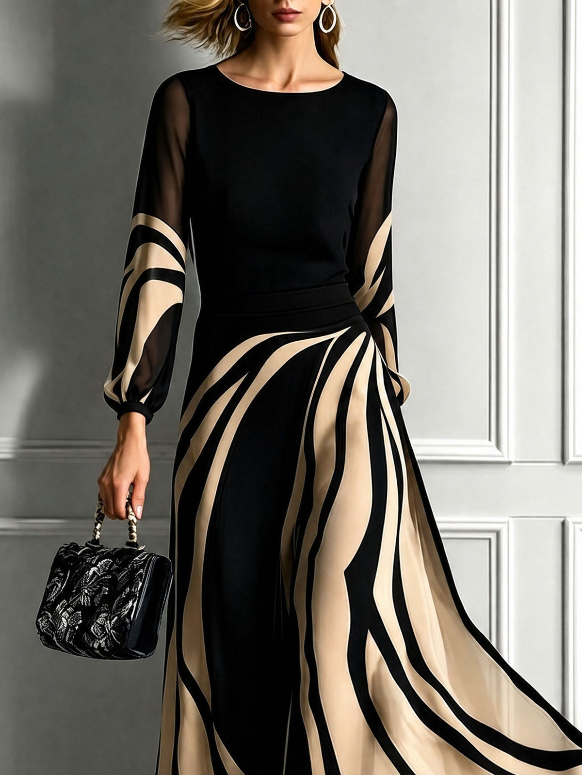 Iris Abstract Print Round Neck Mesh Lantern Sleeve Maxi Dress – Sienna Noosa