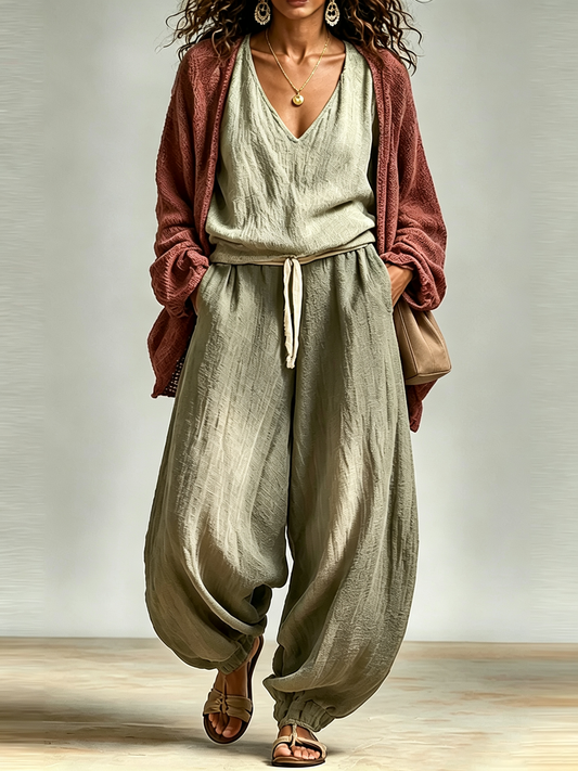 Ariadna Tank Top Harem Pants and Knit Cardigan Casual Three Piece Set – Sienna Noosa