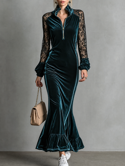 Miriam Half Zip Velvet Mermaid Lace Long Sleeves Maxi Dress – Sienna Noosa
