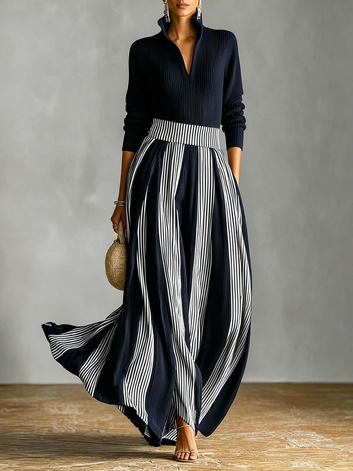 Half Zip Ribbed Knit Top and High Waist Striped Skirt Two-Piece Set – Sienna Noosa