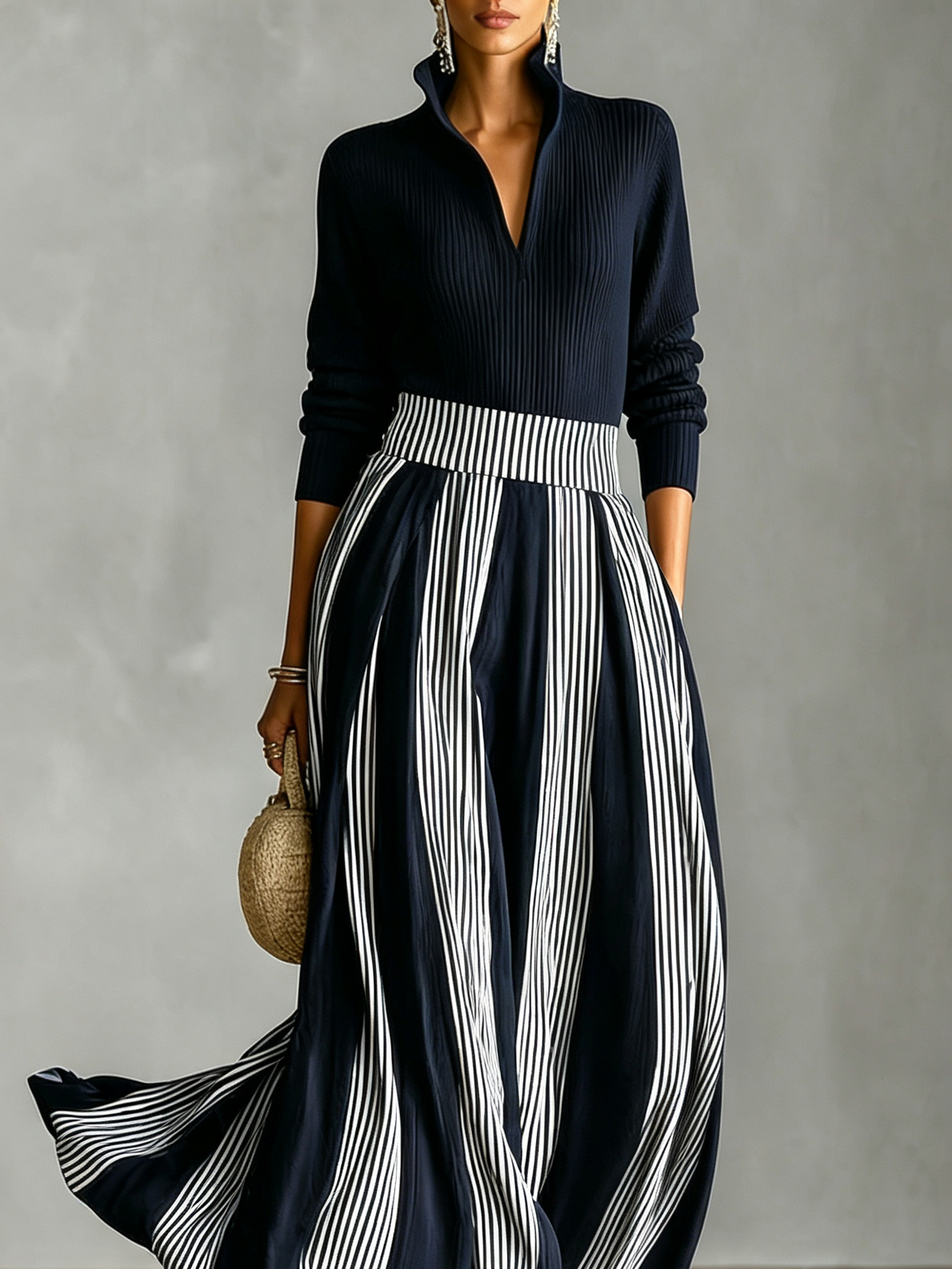 Half Zip Ribbed Knit Top and High Waist Striped Skirt Two-Piece Set – Sienna Noosa