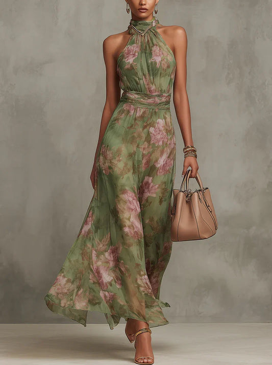 Maxi Dress Halter Floral Green Chiffon – Sienna Noosa